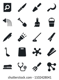 Set of vector isolated black icon - document search vector, pen, job, trowel, garden fork, bucket, watering, saw, hoe, sickle, stethoscope, share, themes, torch, stapler, ladle, cutting board, knife