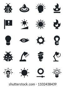 Set of vector isolated black icon - sun vector, bulb, lady bug, fire, eye, important flag, brightness, desk lamp, water, energy saving, shining head, idea