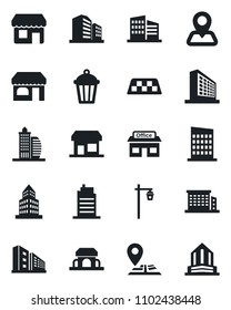 Set of vector isolated black icon - taxi vector, shop, office building, garden light, navigation, store, city house, cafe, storefront