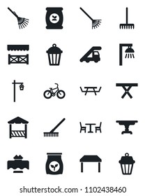 Set of vector isolated black icon - cafe vector, ladder car, rake, garden light, picnic table, fertilizer, bike, restaurant, alcove, outdoor lamp