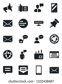 Set of vector isolated black icon - mobile phone vector, speaking man, mail, office, loudspeaker, network, speaker, paper pin, message, reserved, home, schedule