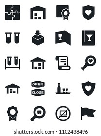 Set of vector isolated black icon - no laptop vector, contract, blood test vial, heart diagnostic, shield, warehouse, package, search cargo, application, sertificate, alcohol, wine card, open close