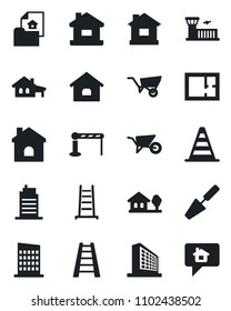 Set of vector isolated black icon - barrier vector, border cone, airport building, office, trowel, ladder, wheelbarrow, house, with garage, tree, plan, estate document, city, home message