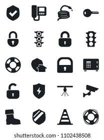 Set of vector isolated black icon - border cone vector, safe, boot, hose, traffic light, shield, protect, lock, key, intercome, home, surveillance, sprinkler, crisis management