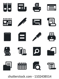 Set of vector isolated black icon - contract vector, book, document search, pen, notepad, calendar, printer, medical, folder, news, schedule