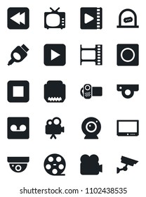 Set of vector isolated black icon - ticket office vector, film frame, reel, tv, video camera, play button, stop, rewind, hdmi, record, web, surveillance