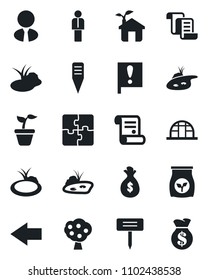Set of vector isolated black icon - left arrow vector, manager, contract, seedling, plant label, greenhouse, pond, fertilizer, important flag, application, fruit tree, estate agent, eco house
