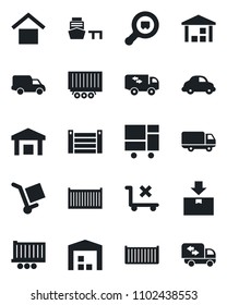 Set of vector isolated black icon - truck trailer vector, cargo container, car delivery, sea port, consolidated, warehouse storage, no trolley, package, search, moving