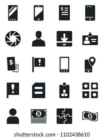 Set of vector isolated black icon - identity card vector, document, important flag, mobile tracking, cell phone, camera, user, download, application, restaurant receipt, cash