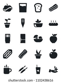 Set of vector isolated black icon - hot cup vector, seedling, plant label, diet, fridge, drink, phyto bar, salad, bacon, bread, kebab, dog, apple fruit, palm sproute