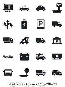Set of vector isolated black icon - airport bus vector, parking, alarm car, ladder, ambulance, route, truck trailer, delivery, heavy scales, railroad, garage gate control, battery