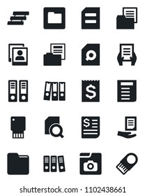 Set of vector isolated black icon - office binder vector, document, receipt, folder, photo gallery, search, paper, tray, usb flash