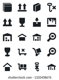 Set of vector isolated black icon - fragile vector, cargo, warehouse storage, up side sign, no trolley, hook, package, search, scanner, blank box