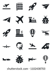 Set of vector isolated black icon - departure vector, arrival, ladder car, plane, boarding, helicopter, seat map, globe, airport building, lady bug, rocket, paper, air balloon