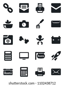 Set of vector isolated black icon - baby vector, camera, printer, garden fork, broken bone, monitor, chain, mail, photo gallery, calculator, rooms, salad, battery, rocket