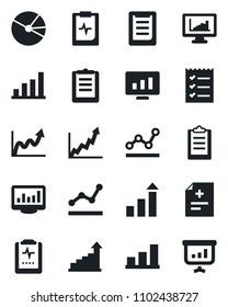 Set of vector isolated black icon - growth statistic vector, monitor, diagnosis, pulse clipboard, statistics, bar graph, pie, checklist, point, presentation