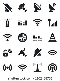 Set of vector isolated black icon - antenna vector, border cone, radar, satellite, equalizer, wireless, mute, cellular signal, lock