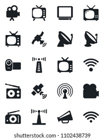 Set of vector isolated black icon - antenna vector, satellite, radio, loudspeaker, tv, video camera, wireless