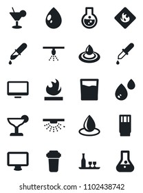 Set of vector isolated black icon - water drop vector, dropper, flammable, monitor, alcohol, drink, cocktail, filter, sprinkler, flask