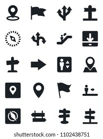 Set of vector isolated black icon - elevator vector, escalator, signpost, right arrow, route, pin, download, place tag, compass, flag, guidepost