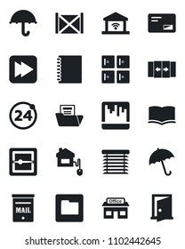 Set of vector isolated black icon - 24 around vector, automatic door, umbrella, checkroom, book, store, container, mail, fast forward, scanner, folder, copybook, document, mailbox, home control
