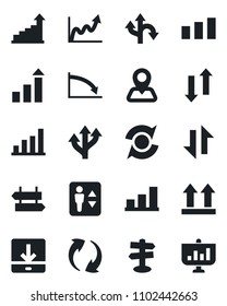 Set of vector isolated black icon - elevator vector, signpost, growth statistic, route, navigation, up side sign, sorting, update, data exchange, download, bar graph, crisis, presentation