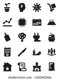 Set of vector isolated black icon - brainstorm vector, contract, seedling, house, virus, sea shipping, cargo, calendar, point graph, copier, company, fruit tree, fireplace, cutting board, knife