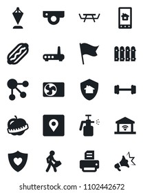 Set of vector isolated black icon - pennant vector, printer, picnic table, garden sprayer, barbell, heart shield, diet, place tag, manager, fence, air conditioner, hot dog, router, web camera, flag