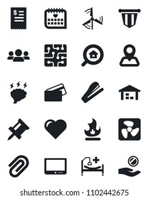 Set of vector isolated black icon - pennant vector, brainstorm, fire, heart, hospital bed, medical calendar, navigation, tv, drawing pin, paper clip, stapler, windmill, warehouse, estate search, fan
