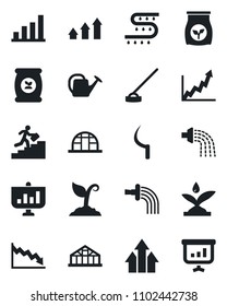 Set of vector isolated black icon - watering can vector, sproute, hoe, sickle, greenhouse, fertilizer, drip irrigation, bar graph, career ladder, arrow up, growth, crisis, presentation