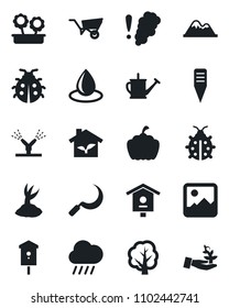 Set of vector isolated black icon - tree vector, watering can, wheelbarrow, sproute, lady bug, water drop, rain, sickle, plant label, pumpkin, bird house, gallery, mountains, flower in pot, eco