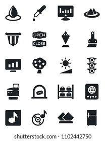 Set of vector isolated black icon - ticket office vector, passport, luggage storage, pennant, statistic monitor, water drop, dropper, traffic light, themes, brightness, music, copier, fruit tree