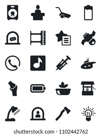 Set of vector isolated black icon - reception vector, ticket office, lawn mower, well, axe, syringe, joint, satellite, film frame, speaker, favorites list, battery, music, desk lamp, pond, phone