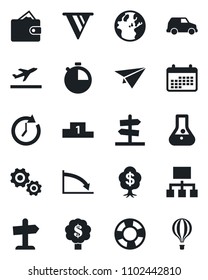 Set of vector isolated black icon - departure vector, stopwatch, gear, wallet, clock, pennon, earth, crisis, calendar, flask, car, paper plane, hierarchy, management, pedestal, money tree, guidepost
