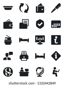 Set of vector isolated black icon - globe vector, bed, pen, manager place, statistic monitor, term, folder document, shield, network, speaker, update, printer, copier, bedroom, bowl, information
