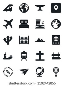 Set of vector isolated black icon - train vector, signpost, passport, globe, ladder car, luggage storage, airport building, route, earth, plane, sea shipping, place tag, compass, mountains, bedroom