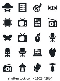 Set of vector isolated black icon - cafe vector, office chair, abacus, mouse, glove, butterfly, garden light, real heart, radio, music, tv, dress code, chip, tie
