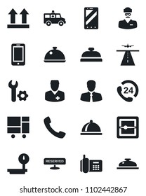 Set of vector isolated black icon - runway vector, mobile phone, ambulance car, doctor, office, 24 hours, client, consolidated cargo, up side sign, heavy scales, call, scanner, root setup, dish