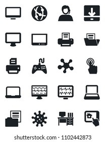 Set of vector isolated black icon - desk vector, printer, monitor pulse, virus, support, gamepad, tv, network, touch screen, share, download, document folder, notebook pc, home control app