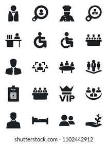 Set of vector isolated black icon - vip vector, bed, meeting, disabled, client, group, user, company, identity card, hr, manager desk, search, waiter, cook, consumer, palm sproute