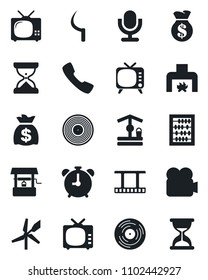 Set of vector isolated black icon - alarm clock vector, abacus, money bag, well, sickle, film frame, vinyl, tv, video camera, microphone, call, fireplace, windmill, sand