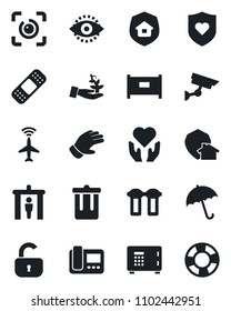 Set of vector isolated black icon - plane radar vector, fence, security gate, umbrella, trash bin, safe, glove, patch, heart shield, hand, eye id, lock, estate insurance, intercome, water filter