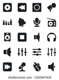 Set of vector isolated black icon - flame disk vector, microphone, radio, speaker, settings, equalizer, headphones, stop button, fast forward, rewind, rec, tuning, bell, record, sound