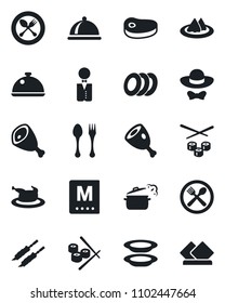 Set of vector isolated black icon - spoon and fork vector, waiter, dish, serviette, cafe, menu, plates, dress code, chicken, steak, kebab, ham, steaming pan, sushi