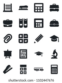 Set of vector isolated black icon - airport bus vector, book, calculator, graduate, abacus, presentation board, microscope, case, paper clip, pencil, stapler