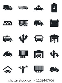 Set of vector isolated black icon - dispatcher vector, taxi, airport bus, alarm car, ambulance, route, railroad, truck trailer, delivery, garage, gate control, battery