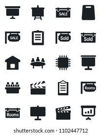 Set of vector isolated black icon - presentation board vector, meeting, clipboard, clapboard, sale, rooms, sold signboard, smart home, cutting, chip