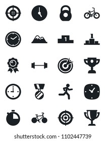 Set of vector isolated black icon - medal vector, barbell, bike, run, heavy, clock, stopwatch, target, mountains, pedestal, award cup