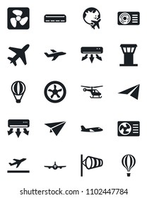 Set of vector isolated black icon - plane vector, airport tower, departure, wind, helicopter, globe, air conditioner, fan, paper, balloon