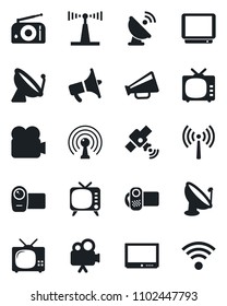 Set of vector isolated black icon - antenna vector, satellite, radio, loudspeaker, tv, video camera, wireless